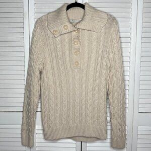 PRIA Cable Knit Sweater XL Cream Collared Button Up Pullover Cotton Fisherman